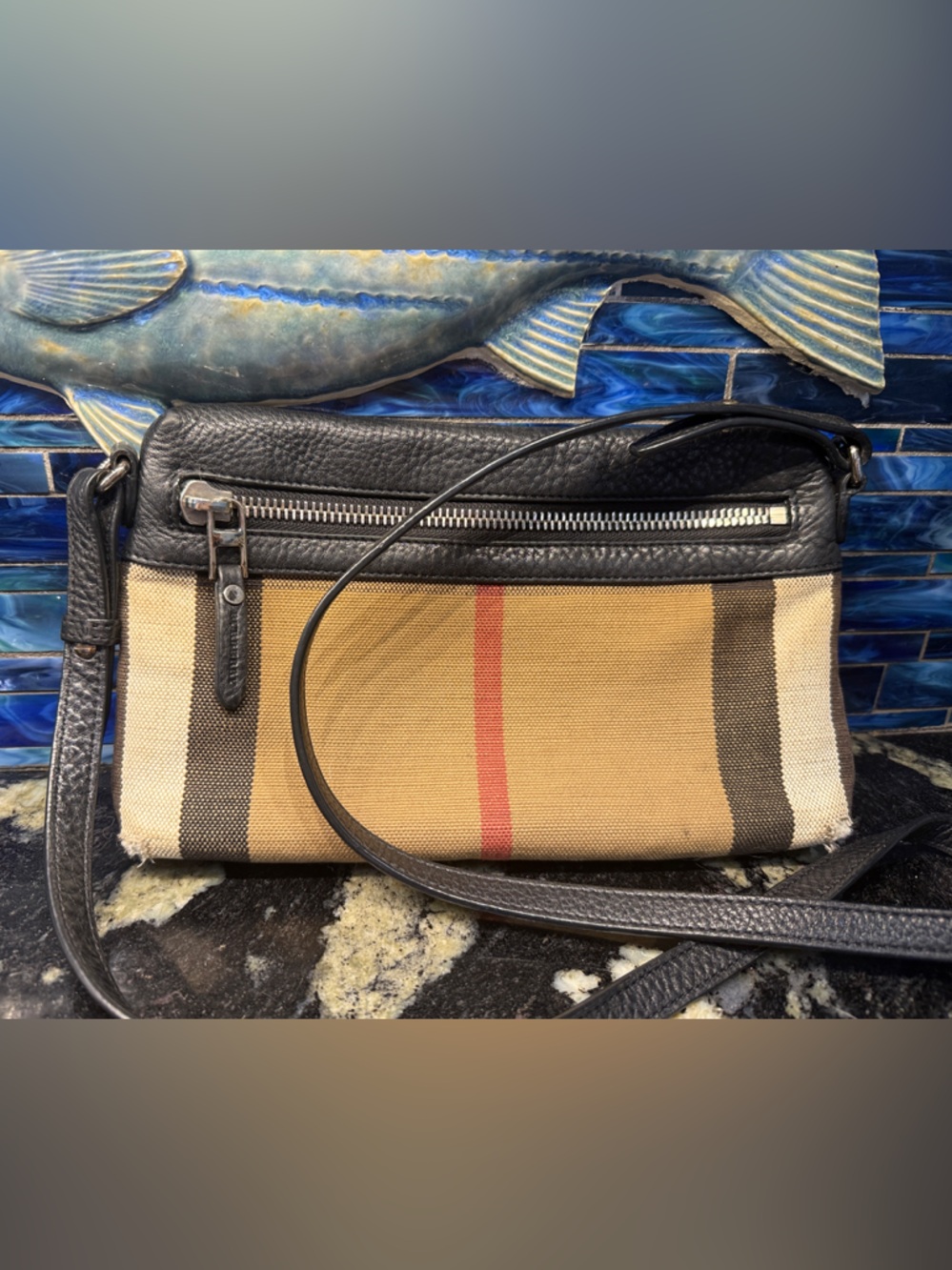 Burberry Black Leather and Tan Plaid Shoulder Bag